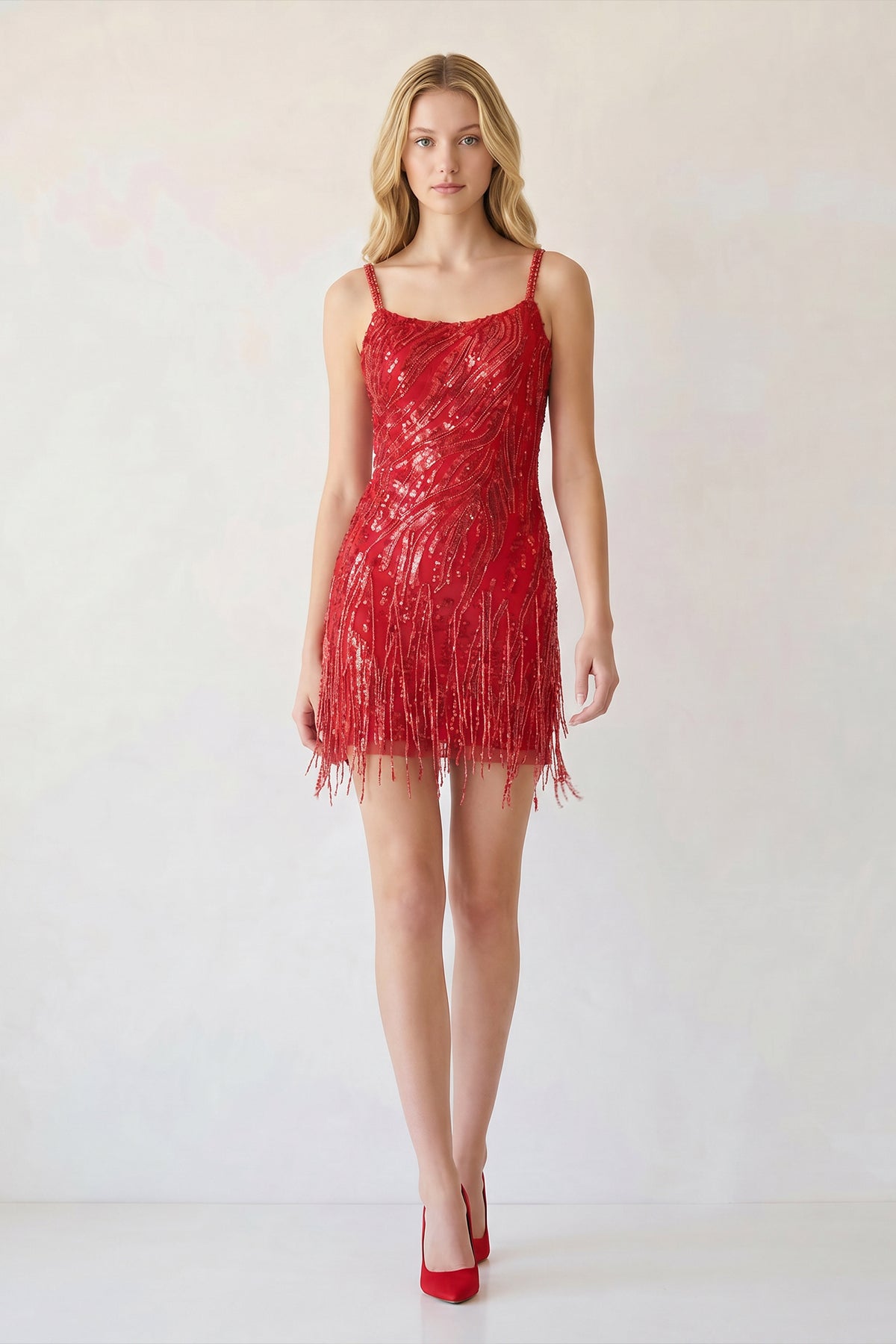 KissProm Sparkly Sheath Spaghetti Straps Gold Mini Party Dresses with Tassel, Red / 6