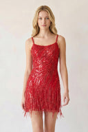 Red Sparkly Sheath Spaghetti Straps Mini Party Dresses with Tassel - KISSPROM