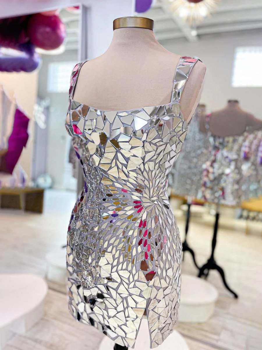 Luz | Square Neck Silver Cut Mirror Sequin Bodycon Homecoming Dress