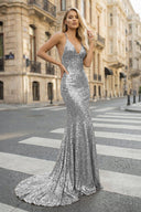 Sparkly Silver Sequined Mermaid V-Neck Long Party Dress | KISSPROM