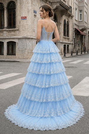A Line Spaghetti Straps Tiered Lace Prom Dress - KissProm