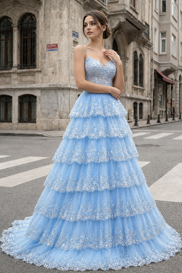 A Line Spaghetti Straps Tiered Lace Prom Dress - KissProm