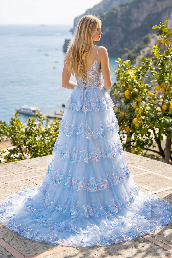 Sky Blue A Line Spaghetti Straps Tiered Lace Prom Dress - KISSPROM