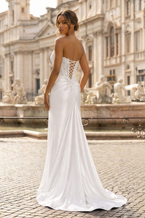 Sheath Strapless Corset Satin Prom Dress with Slit - KISSPROM PROM DRESSES