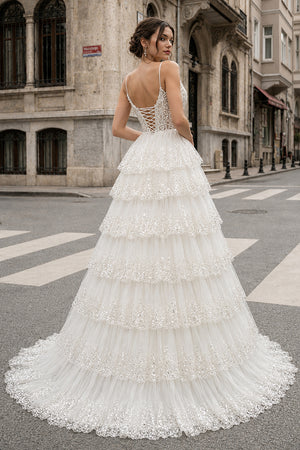 A Line Spaghetti Straps Tiered Lace Prom Dress - KissProm