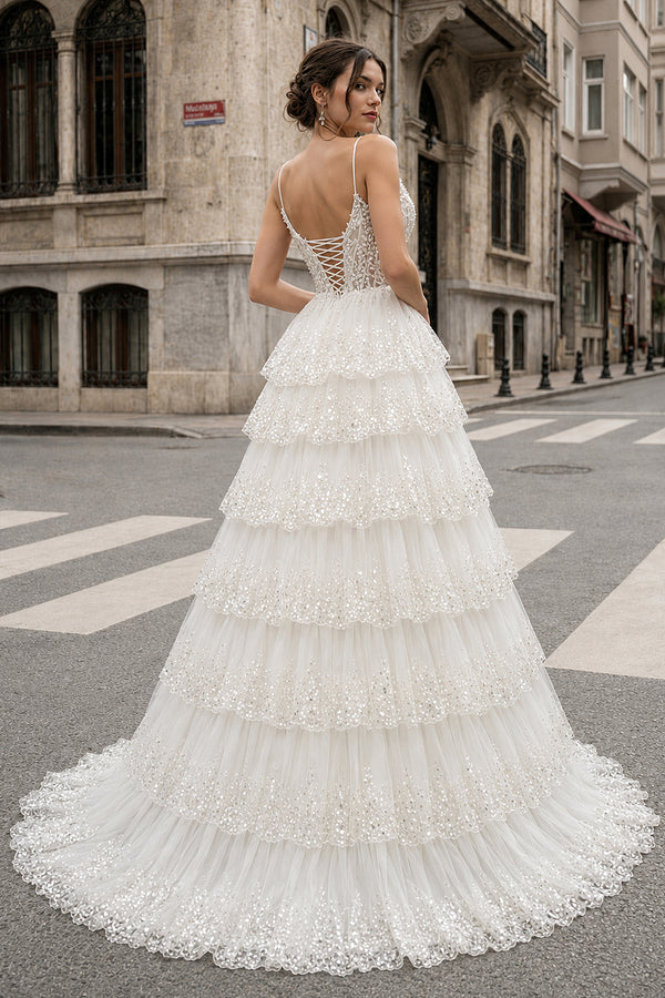 A Line Spaghetti Straps Tiered Lace Prom Dress - KissProm