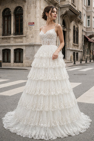 A Line Spaghetti Straps Tiered Lace Prom Dress - KissProm