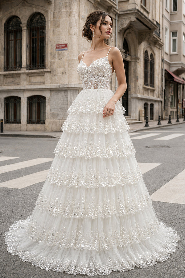A Line Spaghetti Straps Tiered Lace Prom Dress - KissProm