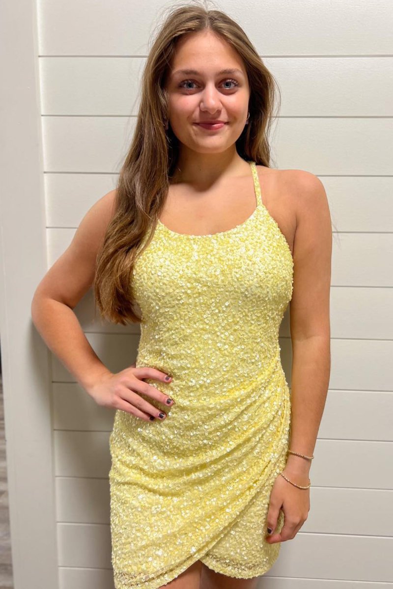 white christmas dresses Sparkly Yellow Sequins Asymmetrical Tight Homecoming Dress