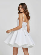 Spinel | White - Spaghetti Straps A Line Satin Short Homecoming Dress With Lace - KissProm