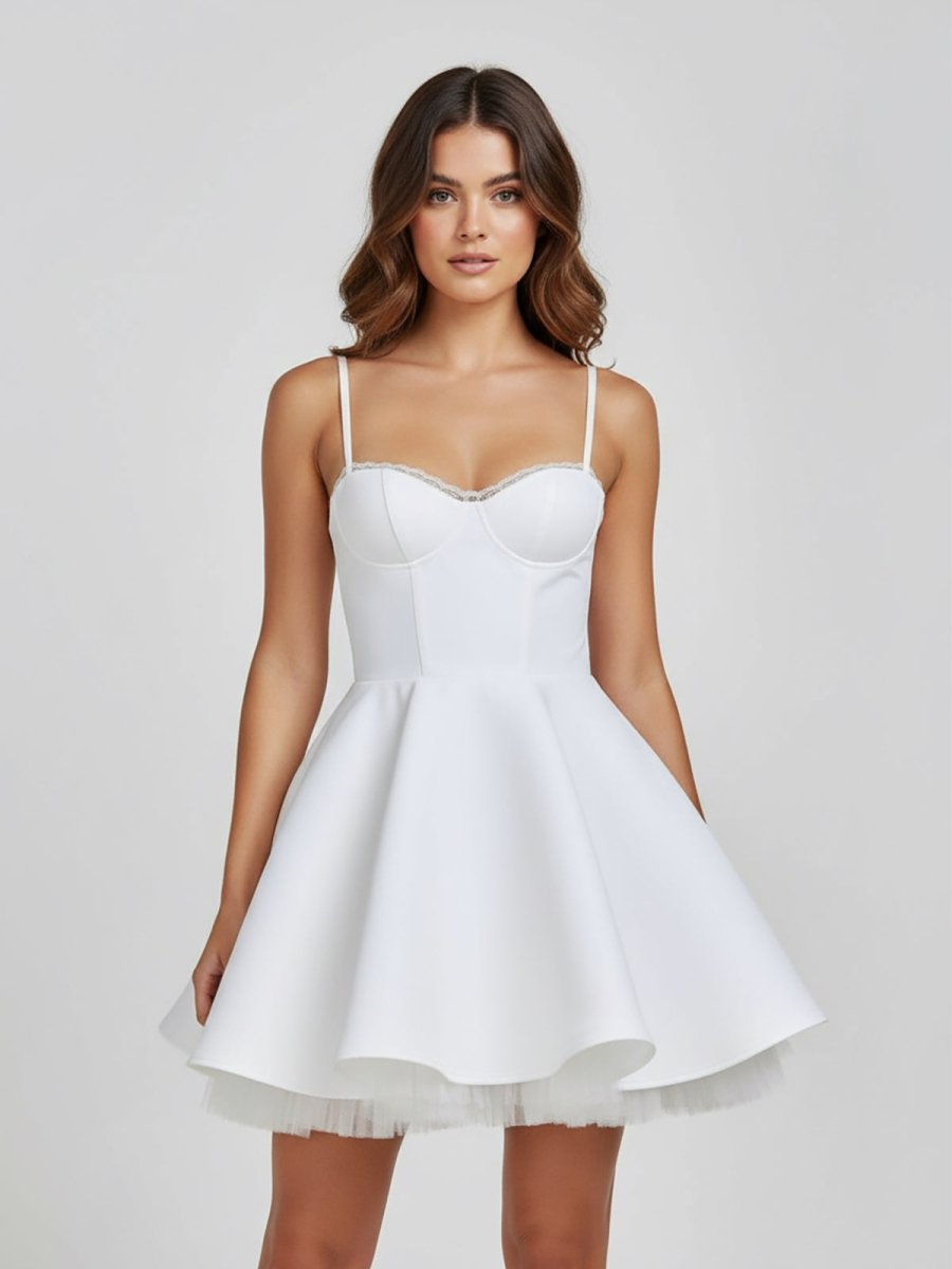 Spinel | White - Spaghetti Straps A Line Satin Short Homecoming Dress With Lace - KissProm