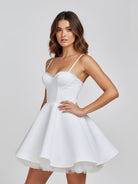 Spinel | White - Spaghetti Straps A Line Satin Short Homecoming Dress With Lace - KissProm