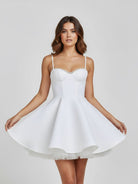 Spinel | White - Spaghetti Straps A Line Satin Short Homecoming Dress With Lace - KissProm