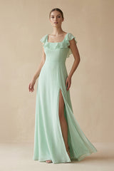 Square Neck A - Line Bridesmaid Dress with Ruffles - KissProm Bridesmaid Dresses