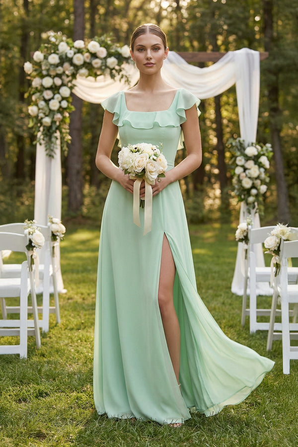 Square Neck A-Line Bridesmaid Dress with Ruffles in Pale Pistachio, Pale Pistachio / Custom Size( Free )