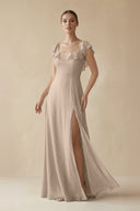 Square Neck A - Line Bridesmaid Dress with Ruffles in Almond - KissProm Bridesmaid Dresses