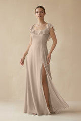 Square Neck A - Line Bridesmaid Dress with Ruffles in Almond - KissProm Bridesmaid Dresses