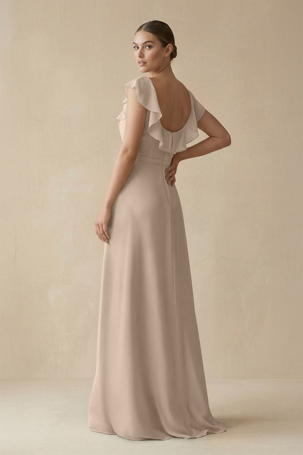 Square Neck A - Line Bridesmaid Dress with Ruffles in Almond - KissProm Bridesmaid Dresses
