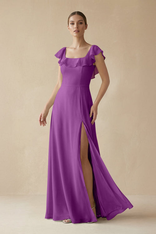 Square Neck A - Line Bridesmaid Dress with Ruffles in Amethyst - KissProm Bridesmaid Dresses