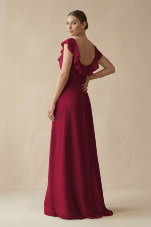 Square Neck A - Line Bridesmaid Dress with Ruffles in Berry - KissProm Bridesmaid Dresses