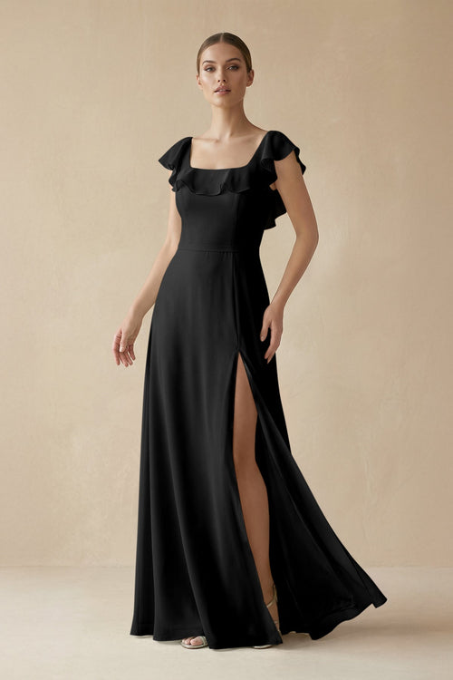 Square Neck A - Line Bridesmaid Dress with Ruffles in Black - KissProm Bridesmaid Dresses