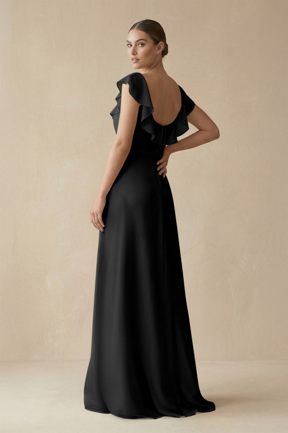 Square Neck A - Line Bridesmaid Dress with Ruffles in Black - KissProm Bridesmaid Dresses