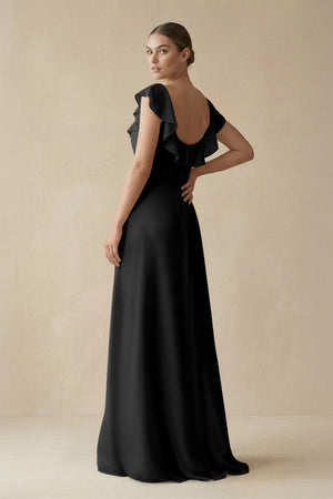 Square Neck A - Line Bridesmaid Dress with Ruffles in Black - KissProm Bridesmaid Dresses