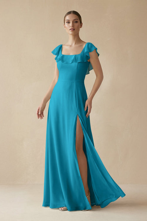 Square Neck A - Line Bridesmaid Dress with Ruffles in Blue Jay - KissProm Bridesmaid Dresses