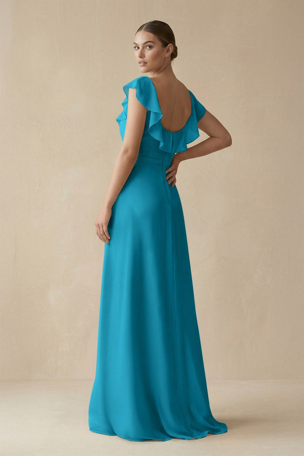 Square Neck A - Line Bridesmaid Dress with Ruffles in Blue Jay - KissProm Bridesmaid Dresses