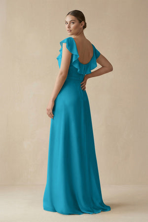 Square Neck A - Line Bridesmaid Dress with Ruffles in Blue Jay - KissProm Bridesmaid Dresses