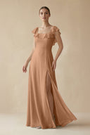 Square Neck A - Line Bridesmaid Dress with Ruffles in Bronzer - KissProm Bridesmaid Dresses