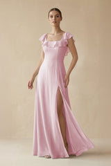 Square Neck A - Line Bridesmaid Dress with Ruffles in Candy Pink - KissProm Bridesmaid Dresses