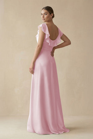 Square Neck A - Line Bridesmaid Dress with Ruffles in Candy Pink - KissProm Bridesmaid Dresses