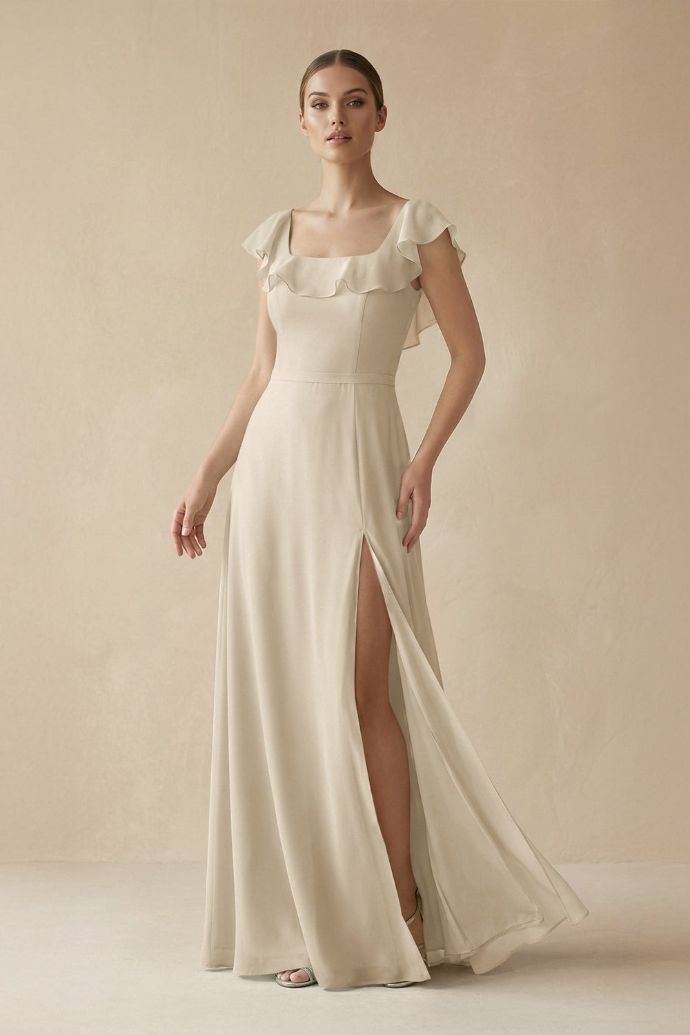 Square Neck A - Line Bridesmaid Dress with Ruffles in Champagne - KissProm Bridesmaid Dresses