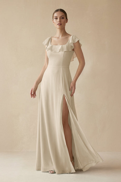 Square Neck A - Line Bridesmaid Dress with Ruffles in Champagne - KissProm Bridesmaid Dresses