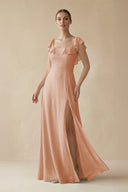 Square Neck A - Line Bridesmaid Dress with Ruffles in Champagne Rose - KissProm Bridesmaid Dresses