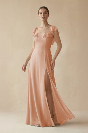 Square Neck A - Line Bridesmaid Dress with Ruffles in Champagne Rose - KissProm Bridesmaid Dresses
