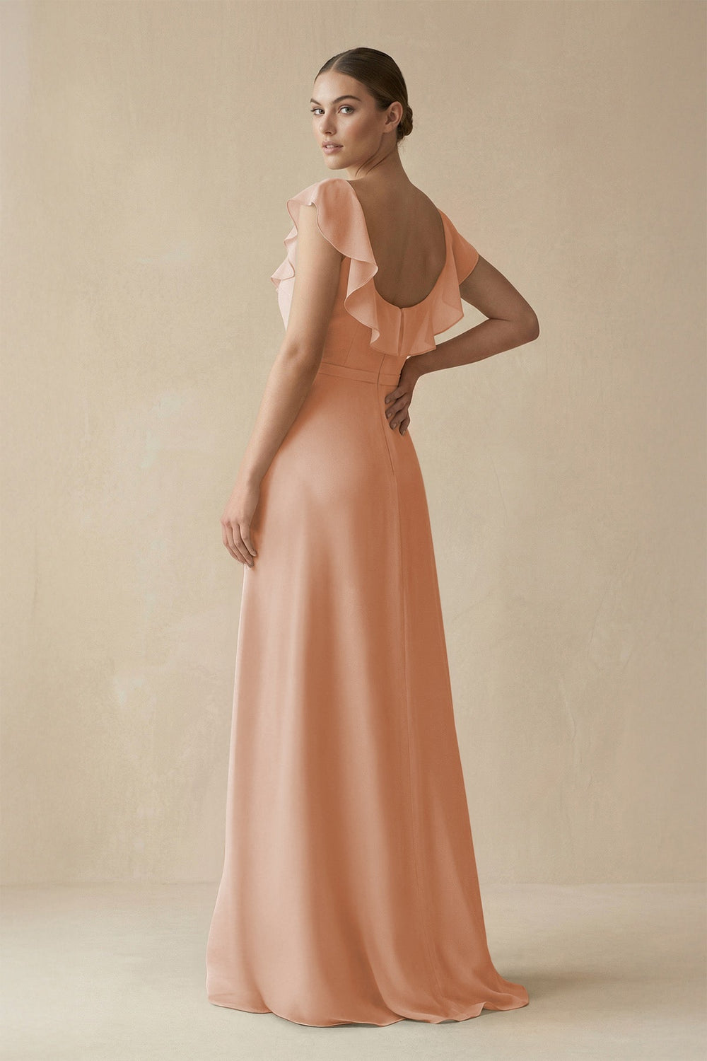 Square Neck A - Line Bridesmaid Dress with Ruffles in Champagne Rose - KissProm Bridesmaid Dresses