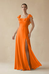 Square Neck A - Line Bridesmaid Dress with Ruffles in Cinnamon - KissProm Bridesmaid Dresses