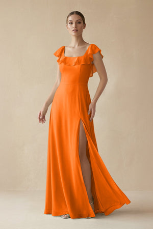 Square Neck A - Line Bridesmaid Dress with Ruffles in Cinnamon - KissProm Bridesmaid Dresses