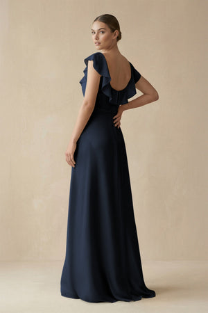 Square Neck A - Line Bridesmaid Dress with Ruffles in Dark Navy - KissProm Bridesmaid Dresses