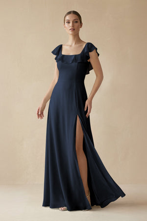 Square Neck A - Line Bridesmaid Dress with Ruffles in Dark Navy - KissProm Bridesmaid Dresses