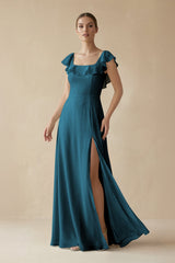 Square Neck A - Line Bridesmaid Dress with Ruffles in Dark Teal - KissProm Bridesmaid Dresses