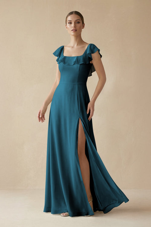 Square Neck A - Line Bridesmaid Dress with Ruffles in Dark Teal - KissProm Bridesmaid Dresses