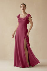 Square Neck A - Line Bridesmaid Dress with Ruffles in Desert Rose - KissProm Bridesmaid Dresses