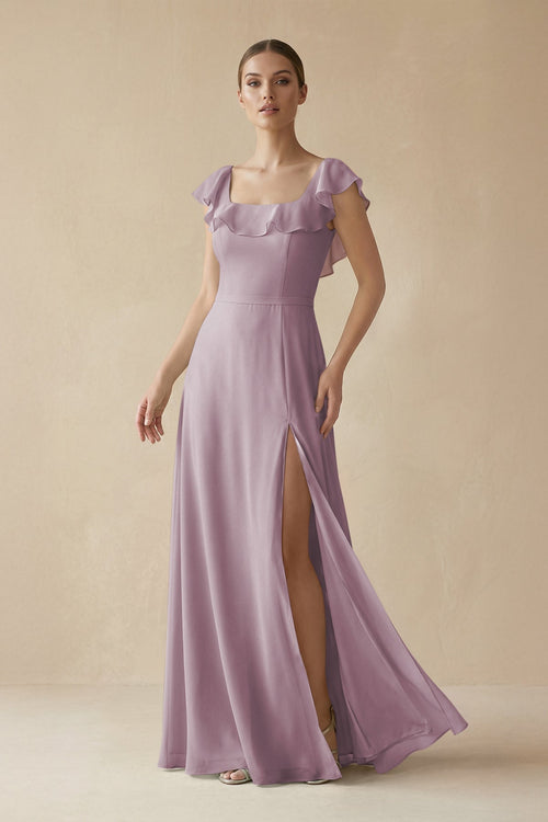 Square Neck A - Line Bridesmaid Dress with Ruffles in Dusk - KissProm Bridesmaid Dresses