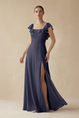 Square Neck A - Line Bridesmaid Dress with Ruffles in Dusk Blue - KissProm Bridesmaid Dresses