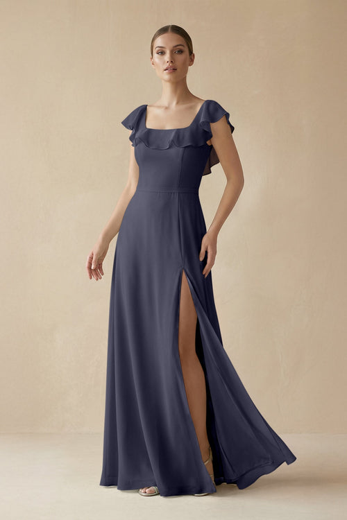 Square Neck A-Line Bridesmaid Dress with Ruffles in Dusk Blue, Dusk Blue / 16