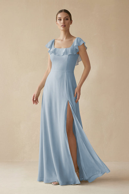 Square Neck A-Line Bridesmaid Dress with Ruffles in Dusty Blue, Dusty Blue / 20 Square Neck A-Line Bridesmaid Dress with Ruffles in Dusty Blue, Dusty Blue / 20