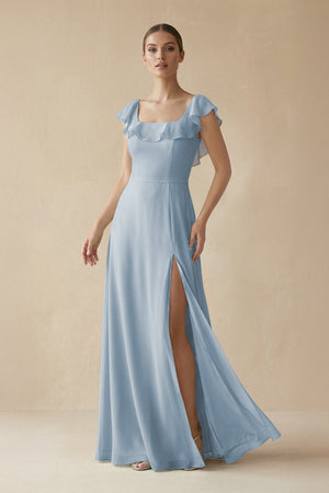 Square Neck A - Line Bridesmaid Dress with Ruffles in Dusty Blue - KissProm Bridesmaid Dresses